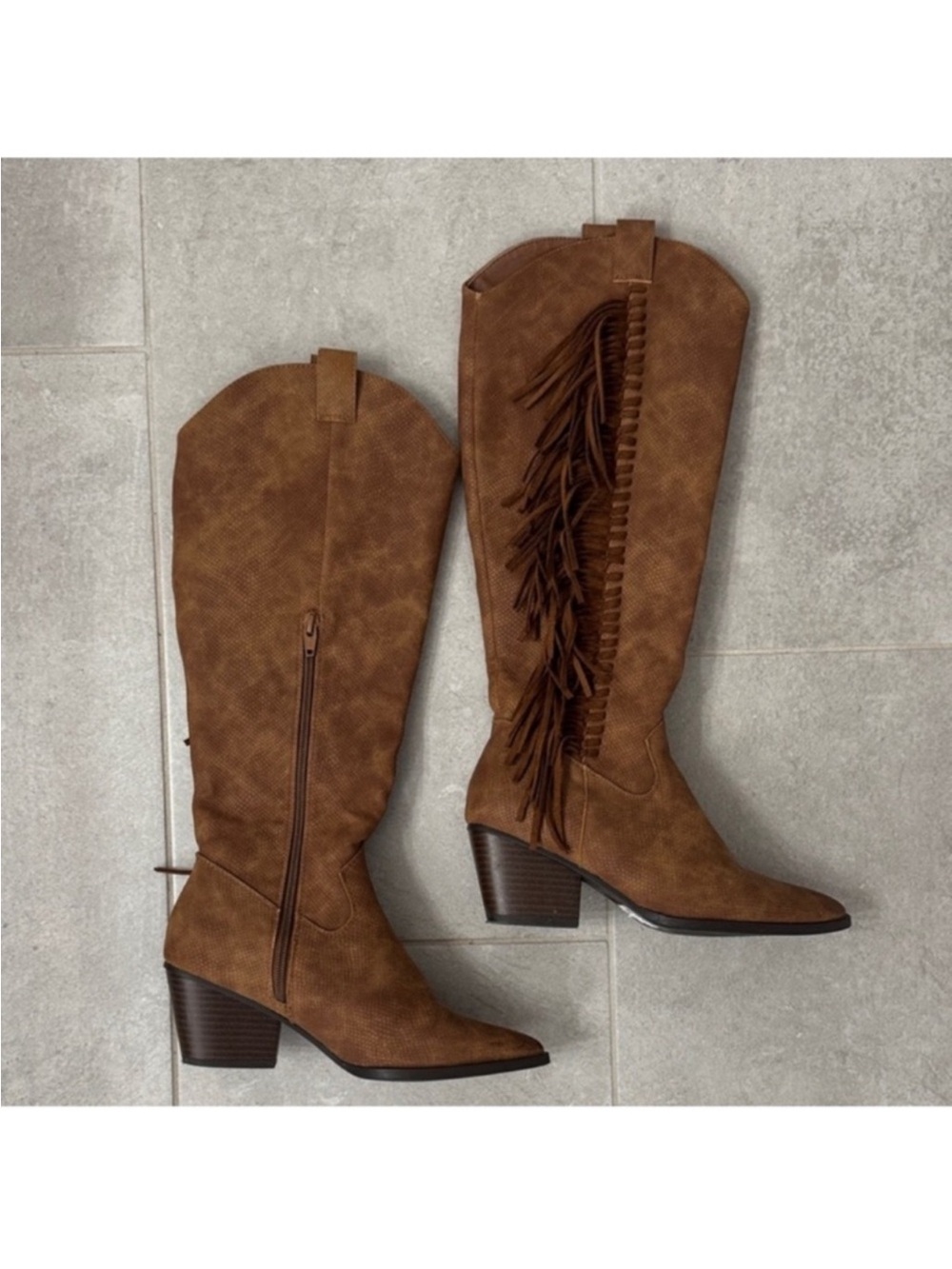 Women’s Brown Faux Leather Fringe Tall Knee High Boots Sz 7 Western Cowboy boho